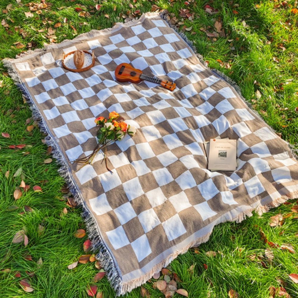 Coperta da picnic a quadri | Coperta per tutto l'anno con frange | 130x180 cm | Misto microfibra