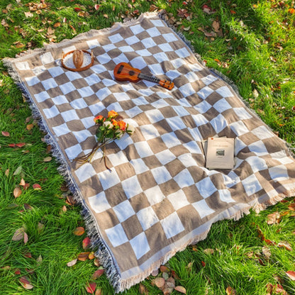 Coperta da picnic a quadri | Coperta per tutto l'anno con frange | 130x180 cm | Misto microfibra
