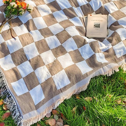 Coperta da picnic a quadri | Coperta per tutto l'anno con frange | 130x180 cm | Misto microfibra