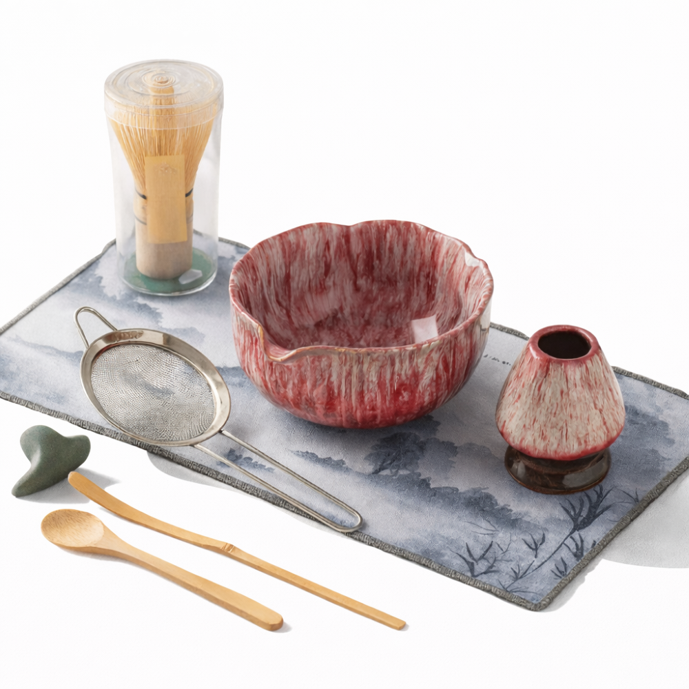 Set Matcha 8 pezzi | Ciotola in ceramica fatta a mano 550 ml | Con accessori in bambù