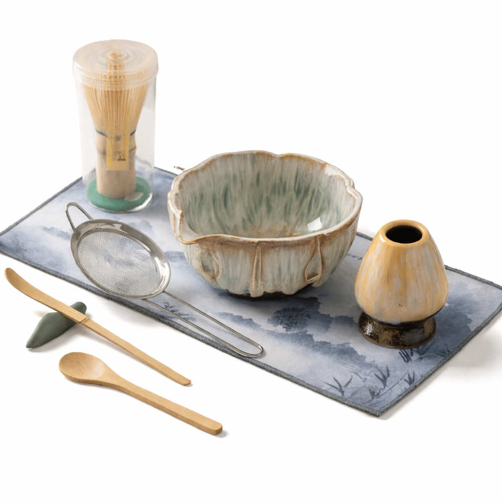 Set Matcha 8 pezzi | Ciotola in ceramica fatta a mano 550 ml | Con accessori in bambù