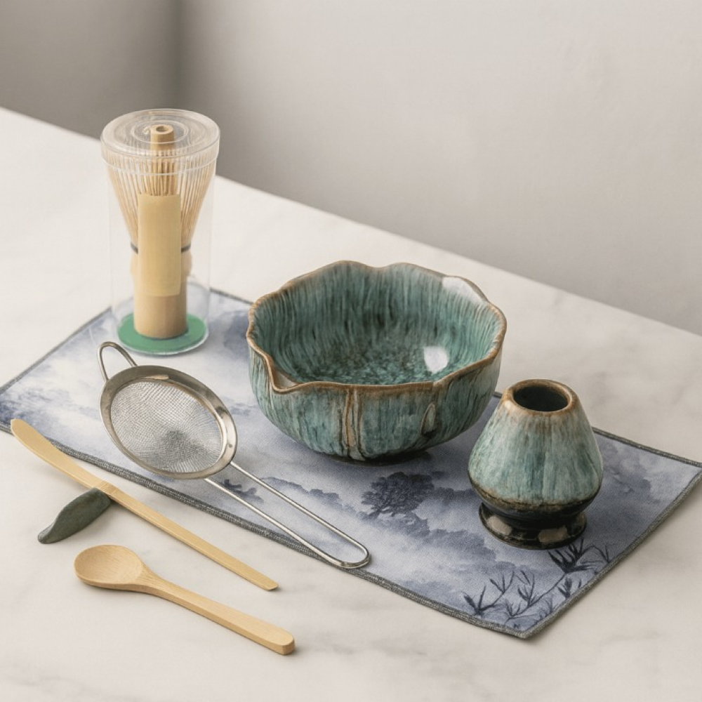Set Matcha 8 pezzi | Ciotola in ceramica fatta a mano 550 ml | Con accessori in bambù