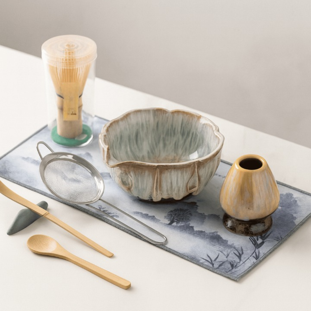 Set Matcha 8 pezzi | Ciotola in ceramica fatta a mano 550 ml | Con accessori in bambù