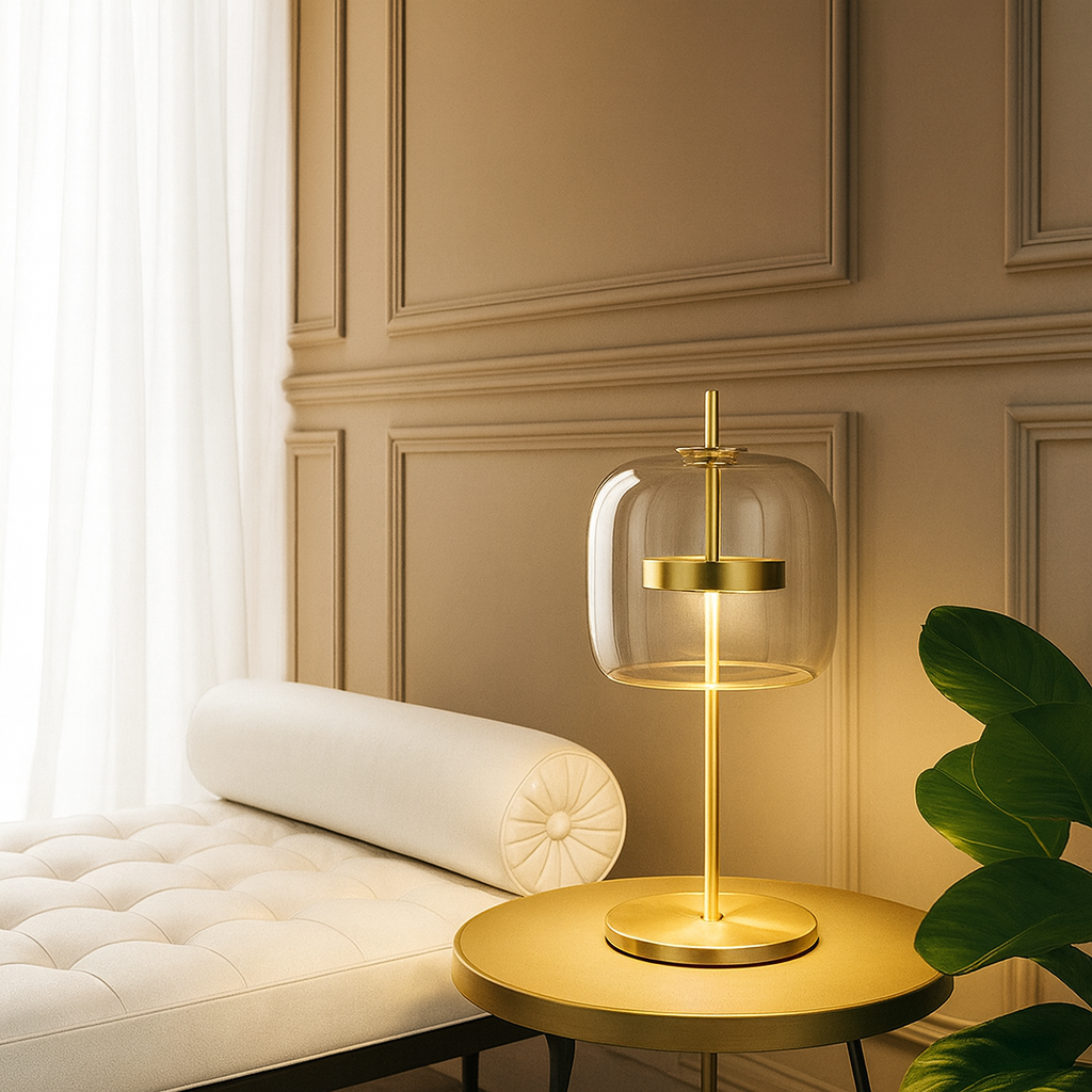 Domelia | Tischlampe mit Glaskuppel und Eisenfuß, LED inklusive, 43 cm
