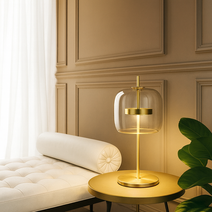 Domelia | Tischlampe mit Glaskuppel und Eisenfuß, LED inklusive, 43 cm