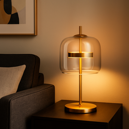 Domelia | Tischlampe mit Glaskuppel und Eisenfuß, LED inklusive, 43 cm