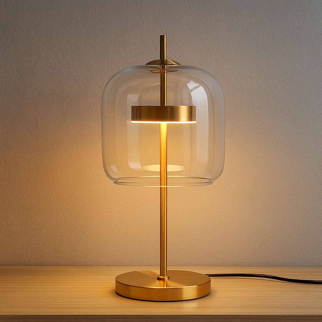 Domelia | Tischlampe mit Glaskuppel und Eisenfuß, LED inklusive, 43 cm