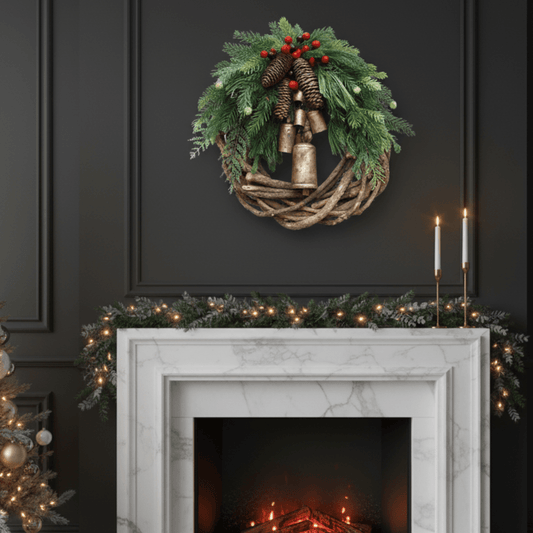 Bohoglow | Corona de Navidad 45 cm con campanillas, madera y flores secas