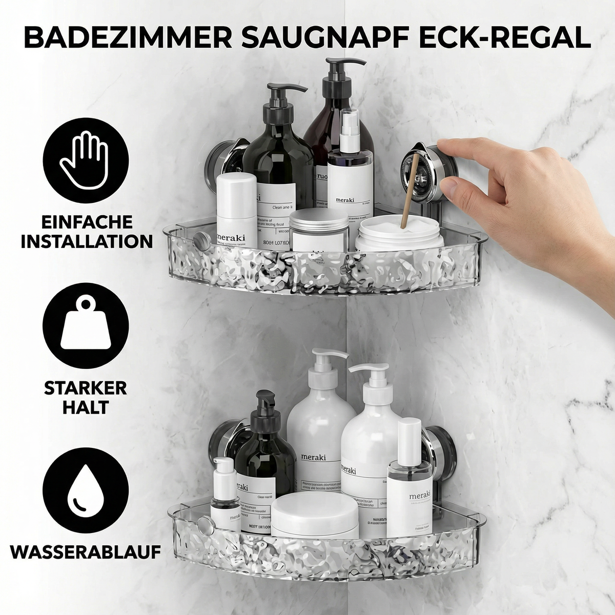 Eckrina | Eckregal fürs Bad mit Saugnapf, 2 Ebenen, ohne Bohren