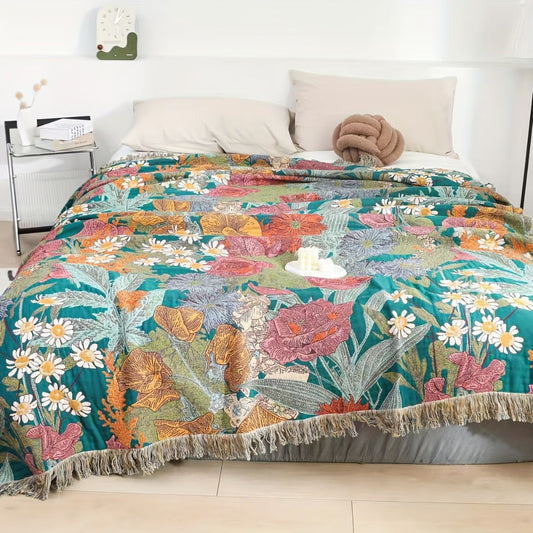 Manta de algodón con patchwork floral bohemio y borlas