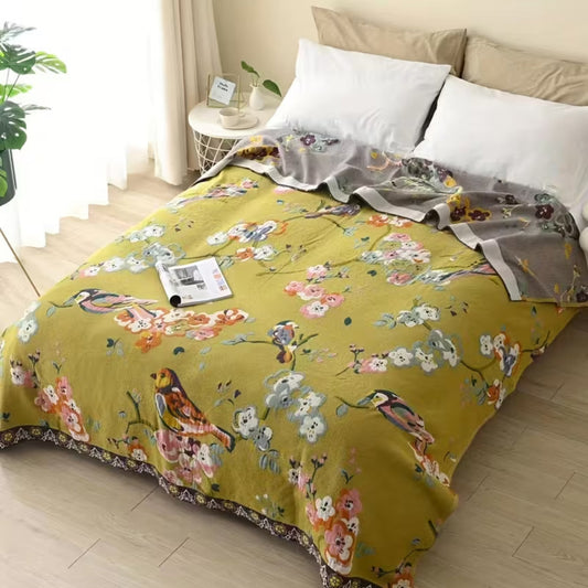 Manta de algodón con flores y pájaros de estilo bohemio para jardín | 100% algodón