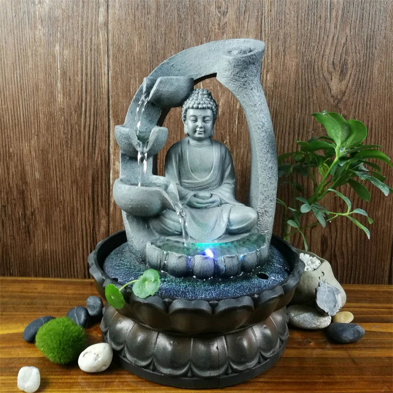 VividSerenity Brunnen | Fontaine de table Bouddha avec éclairage LED pour détente et décoration