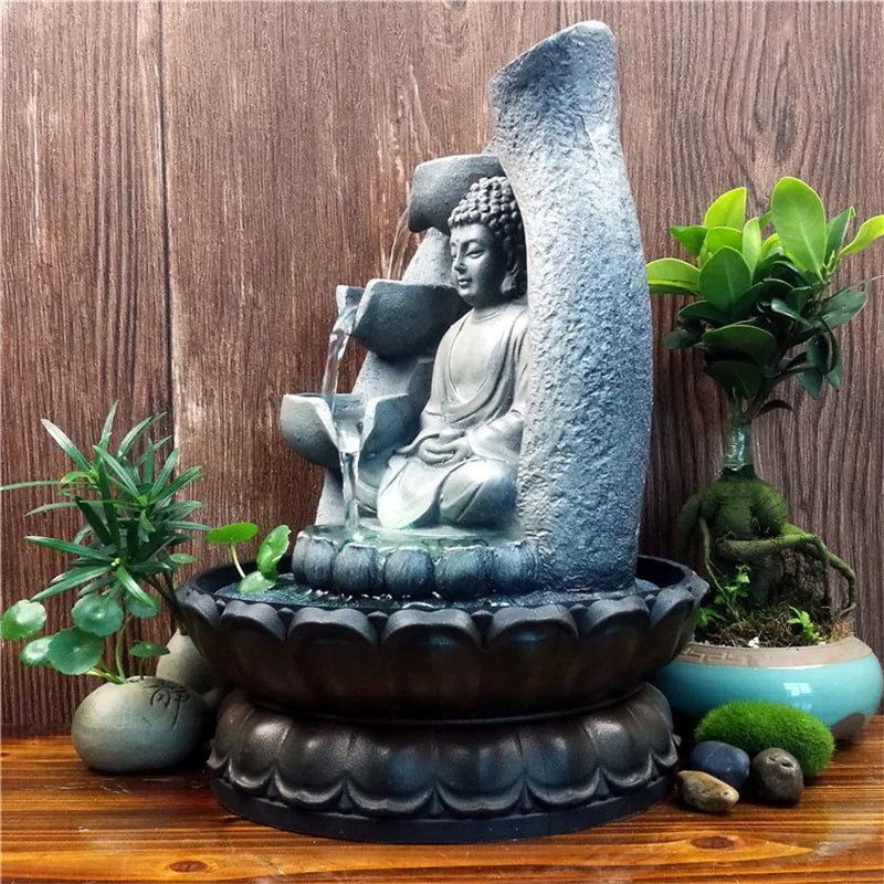 VividSerenity Brunnen | Fontaine de table Bouddha avec éclairage LED pour détente et décoration