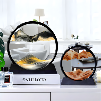 Dunvia | Bewegtes Sandbild im Glasrahmen als Dekoration für Schreibtisch und Regal