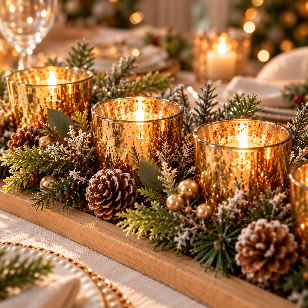 Torari | Teelichthalter Weihnachten auf Holztablett mit 4 Gläsern und Tannengrün