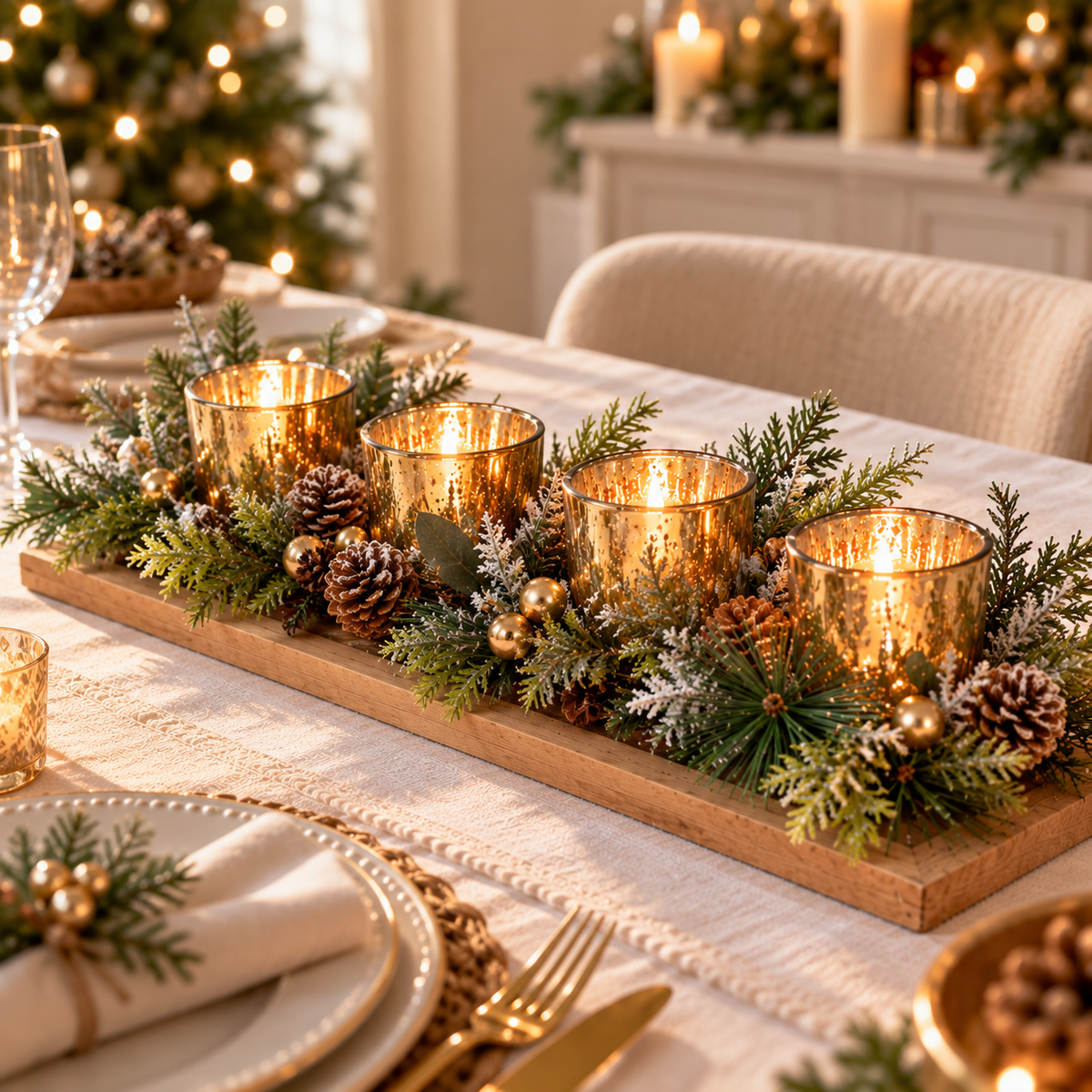 Torari | Teelichthalter Weihnachten auf Holztablett mit 4 Gläsern und Tannengrün