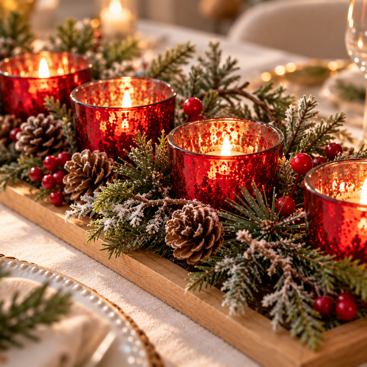 Torari | Teelichthalter Weihnachten auf Holztablett mit 4 Gläsern und Tannengrün