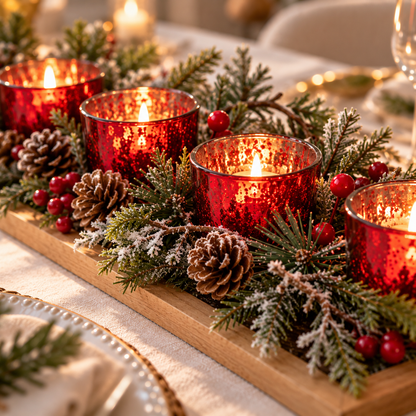 Torari | Teelichthalter Weihnachten auf Holztablett mit 4 Gläsern und Tannengrün