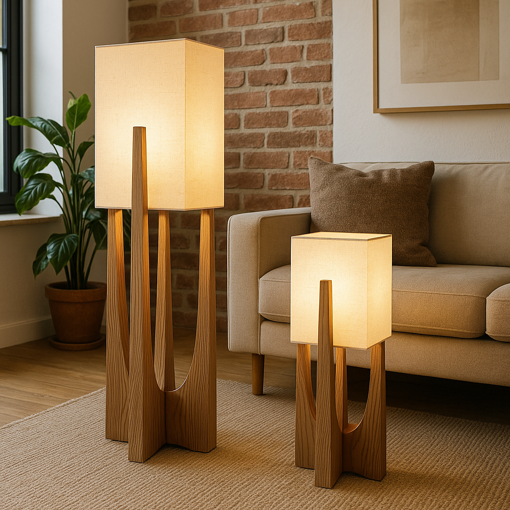 Wabi Sabi Stehlampe | Japanisches Design | Handgefertigt aus Stoff & Holz