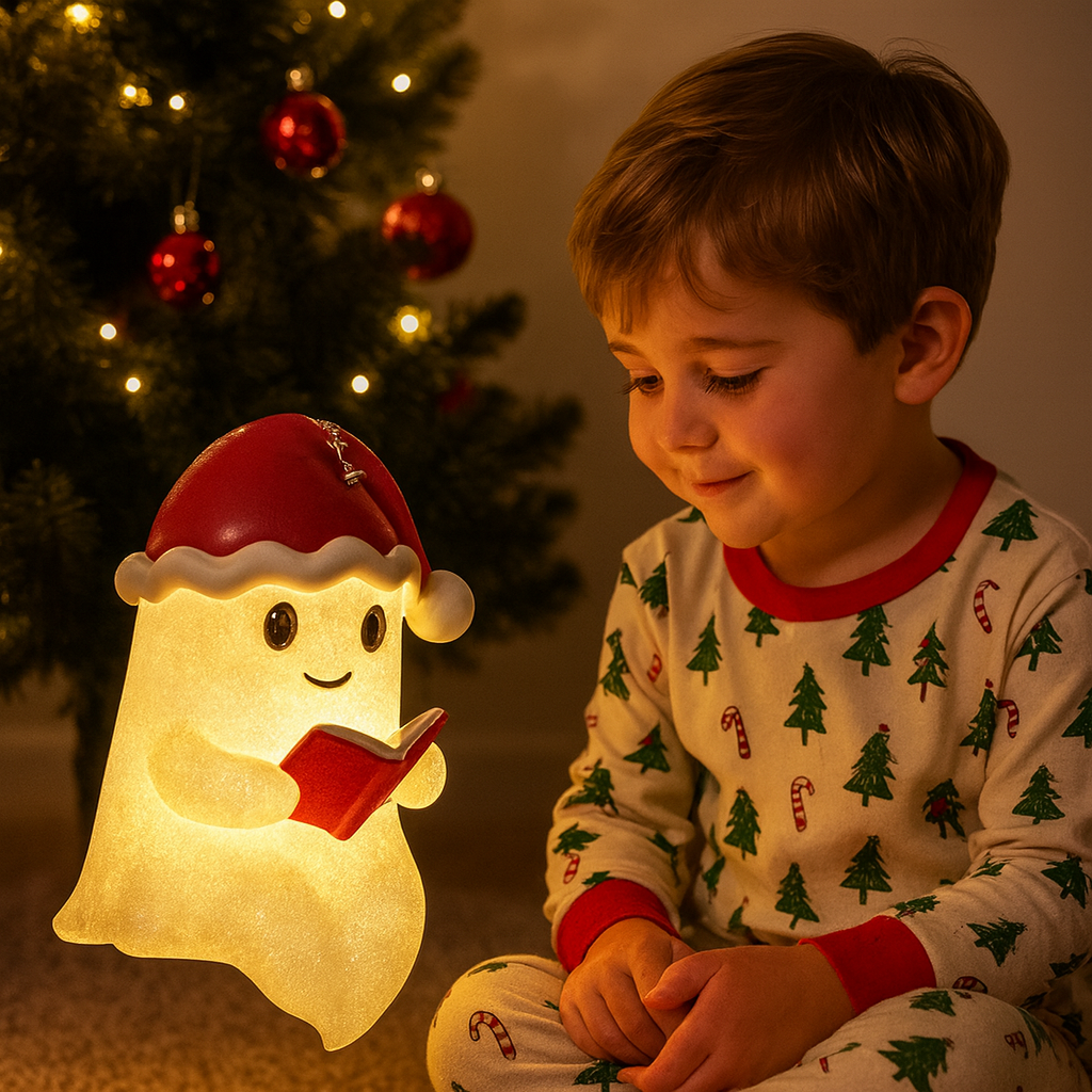 Boolina | Decoración navideña: luz nocturna de fantasma con gorro y LED, 20 cm