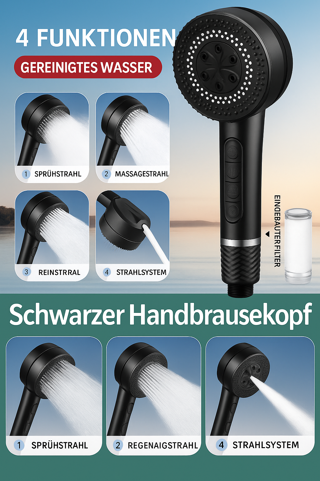 AquaJet PowerDuschkopf | Hochdruck-Handbrause mit 5 Strahlarten