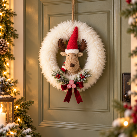 Pirolo | Weihnachtsdeko Kranz mit Rentier, flauschig weiß, 38 × 41 cm
