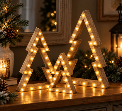 Trinelo | Wooden LED Christmas Decorations, Set of 3 Nested Stars or Trees