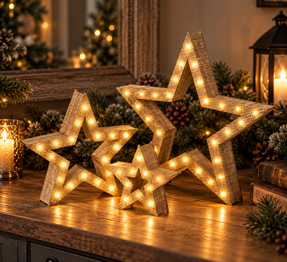 Trinelo | Wooden LED Christmas Decorations, Set of 3 Nested Stars or Trees