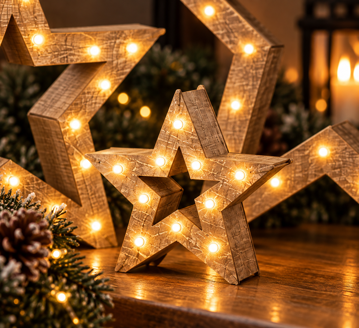 Trinelo | Wooden LED Christmas Decorations, Set of 3 Nested Stars or Trees