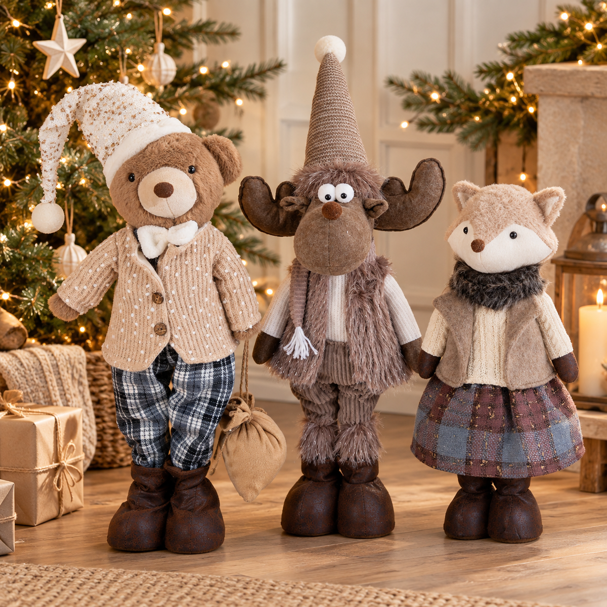 Fellina | Figura natalizia in peluche in piedi, orso, alce o volpe