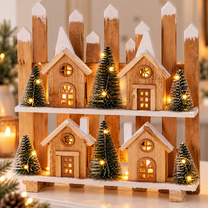 Lindoro | Villaggio natalizio illuminato in legno con LED e timer, 48 cm