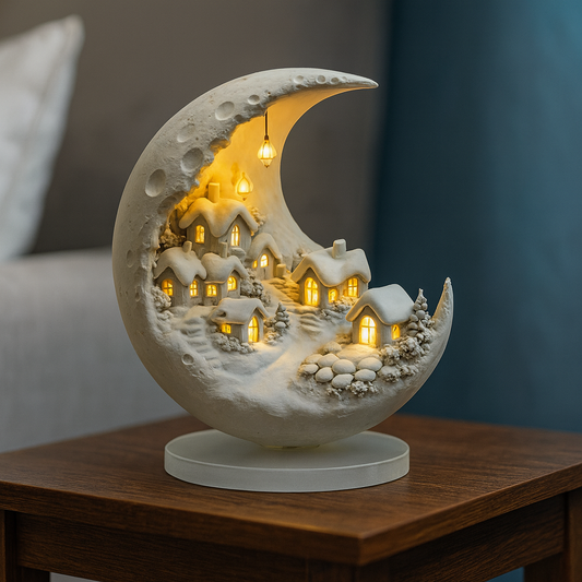 Lunavia | Beleuchtete Weihnachtsdeko Mond aus Acryl mit Winterdorf