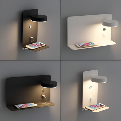 Lampada da parete DualDelight | Lampada da comodino LED in alluminio | Con mensola e porta USB per la ricarica