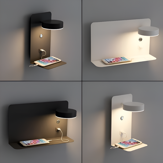 DualDelight Wandleuchte | Aluminium LED Nachttischlampe | Mit Regal & USB-Ladeanschluss