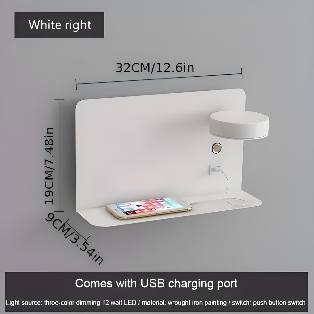 Lampada da parete DualDelight | Lampada da comodino LED in alluminio | Con mensola e porta USB per la ricarica