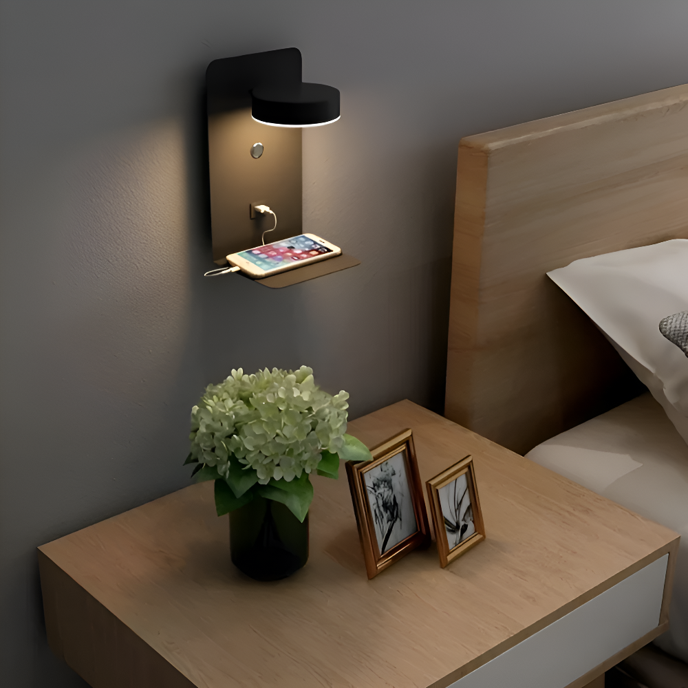 Lampada da parete DualDelight | Lampada da comodino LED in alluminio | Con mensola e porta USB per la ricarica
