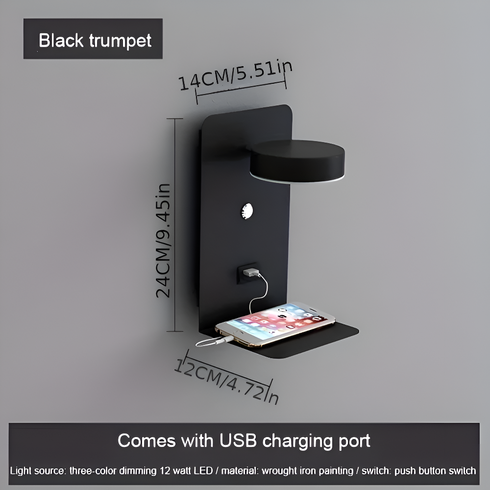 Lampada da parete DualDelight | Lampada da comodino LED in alluminio | Con mensola e porta USB per la ricarica