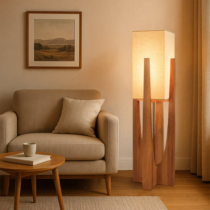 Wabi Sabi Stehlampe | Japanisches Design | Handgefertigt aus Stoff & Holz