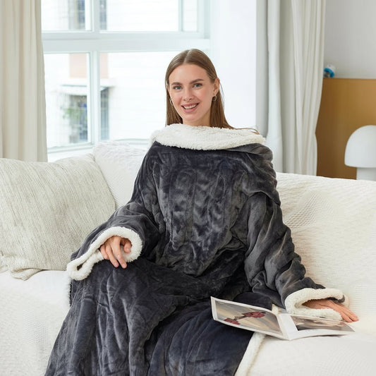 Kuschelo | Tragbare Heizdecke aus Sherpa-Fleece mit Ärmeln und 6 Heizstufen