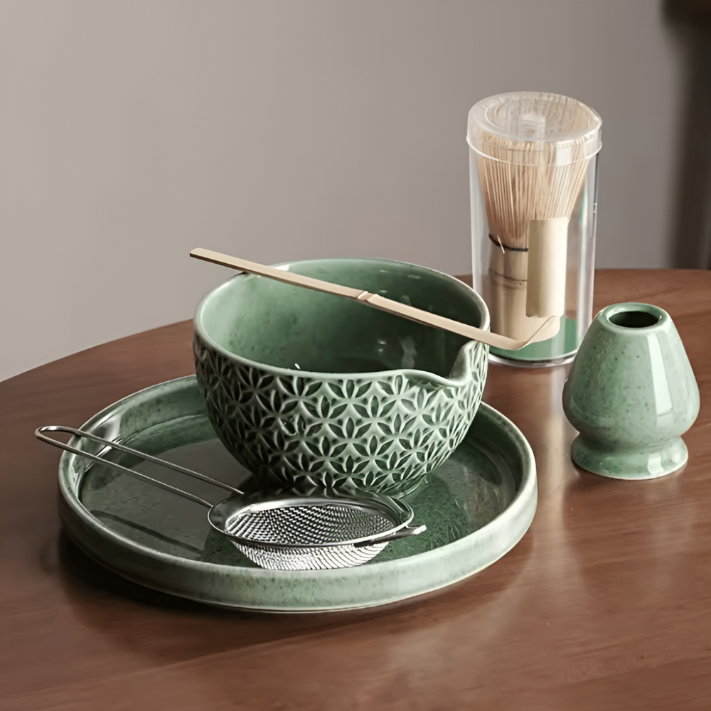 Matcha szett 5/6 részes | Zöld kerámia tál 500 ml | Bambusz kiegészítőkkel