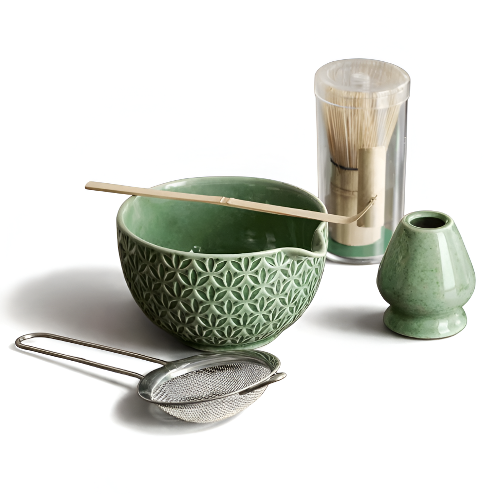 Matcha szett 5/6 részes | Zöld kerámia tál 500 ml | Bambusz kiegészítőkkel