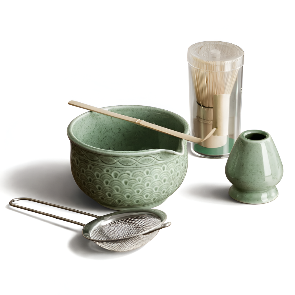 Matcha szett 5/6 részes | Zöld kerámia tál 500 ml | Bambusz kiegészítőkkel