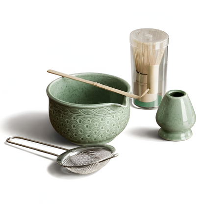 Matcha szett 5/6 részes | Zöld kerámia tál 500 ml | Bambusz kiegészítőkkel