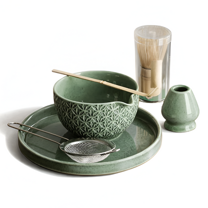 Matcha szett 5/6 részes | Zöld kerámia tál 500 ml | Bambusz kiegészítőkkel