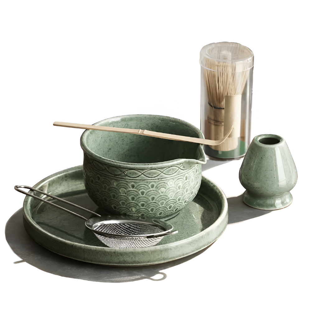 Matcha szett 5/6 részes | Zöld kerámia tál 500 ml | Bambusz kiegészítőkkel