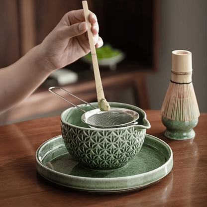 Matcha szett 5/6 részes | Zöld kerámia tál 500 ml | Bambusz kiegészítőkkel
