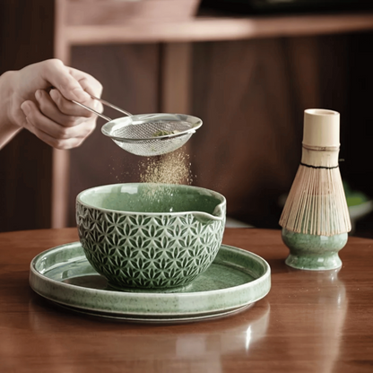 Matcha szett 5/6 részes | Zöld kerámia tál 500 ml | Bambusz kiegészítőkkel