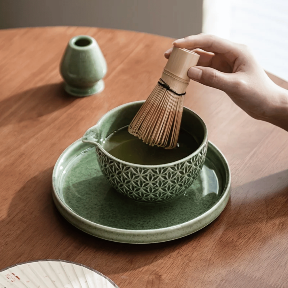 Matcha szett 5/6 részes | Zöld kerámia tál 500 ml | Bambusz kiegészítőkkel