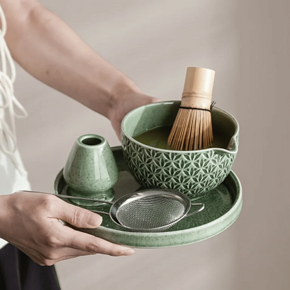 Matcha szett 5/6 részes | Zöld kerámia tál 500 ml | Bambusz kiegészítőkkel