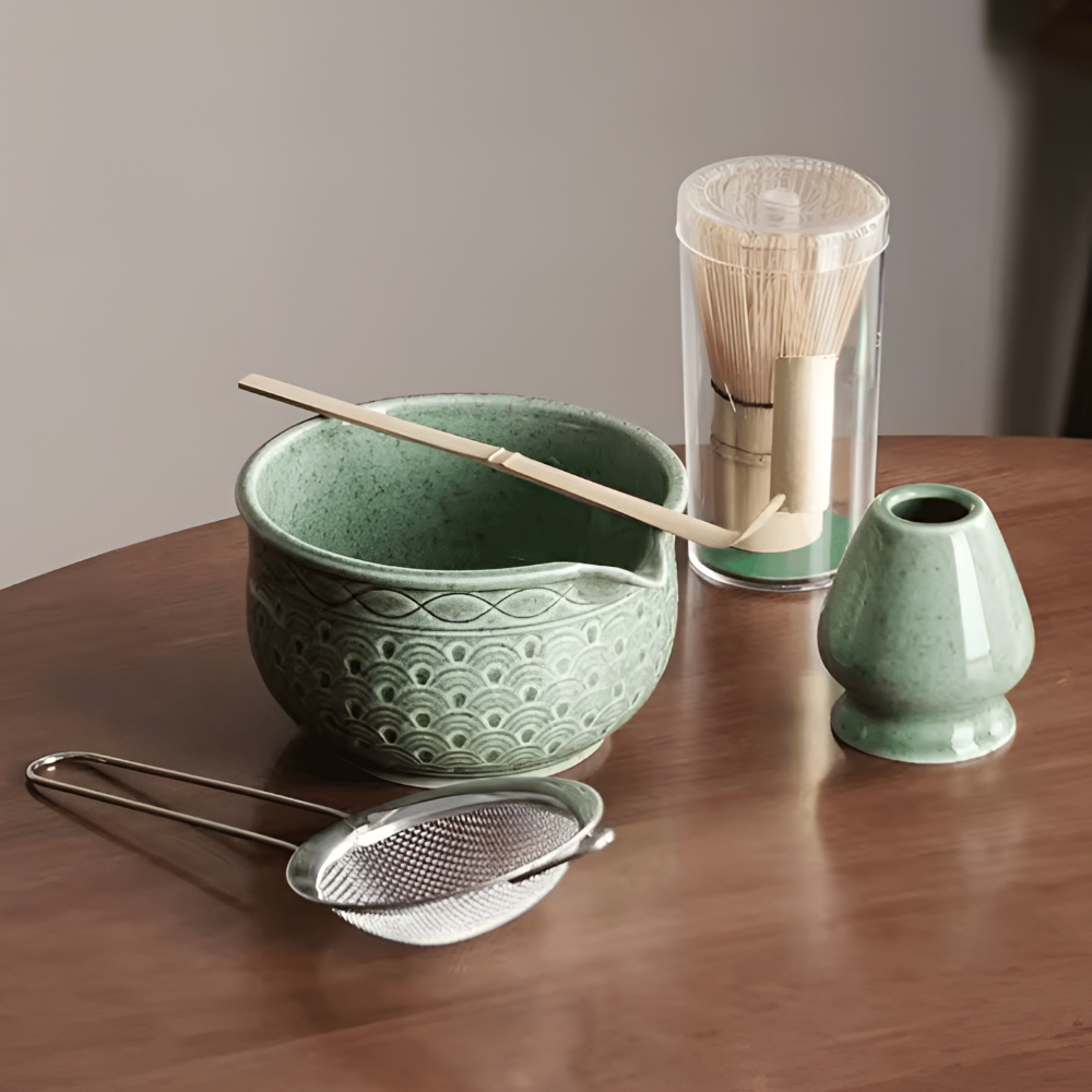 Matcha szett 5/6 részes | Zöld kerámia tál 500 ml | Bambusz kiegészítőkkel